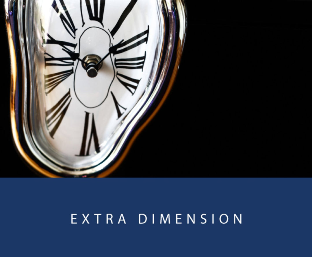 Stylized melting clock face with Roman numerals above EXTRA DIMENSION. Part of Colorverse&