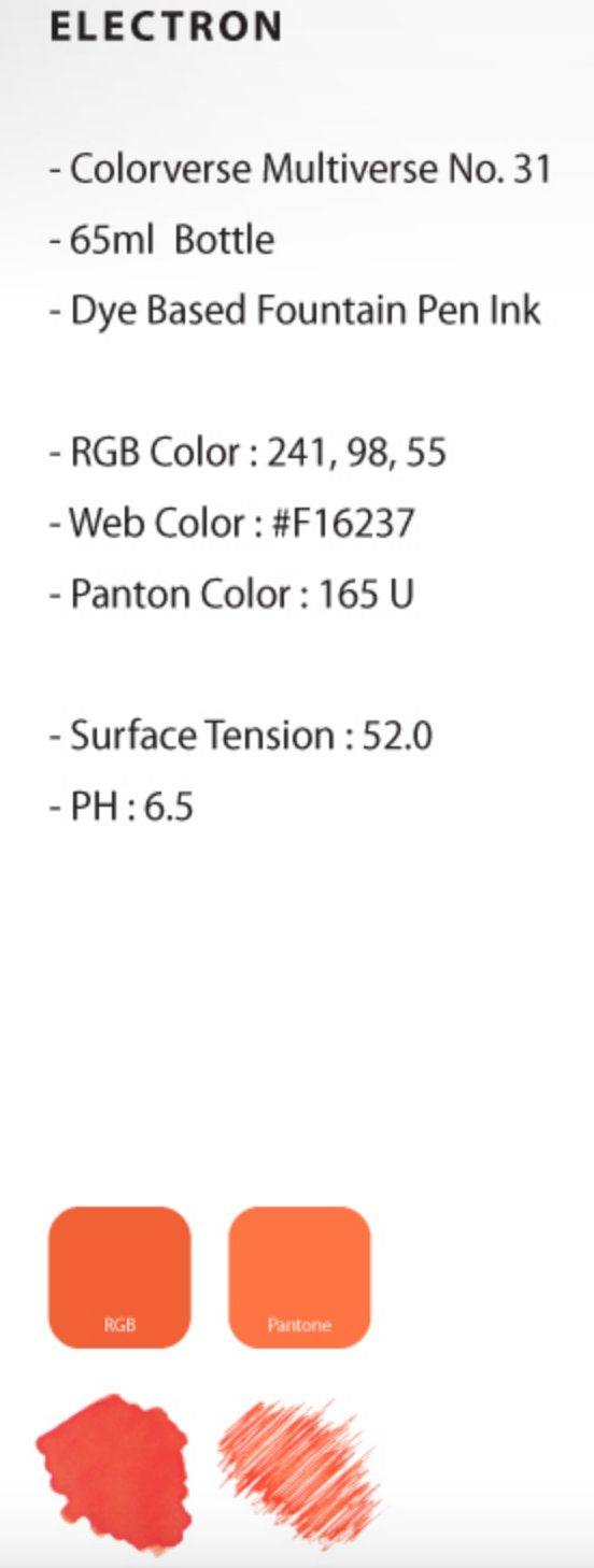 Colorverse Multiverse No. 31 “Electron” 2ml sample with RGB and Pantone swatches, ink-test samples, highlighting dye-based, plant-based ink qualities for smooth writing.
