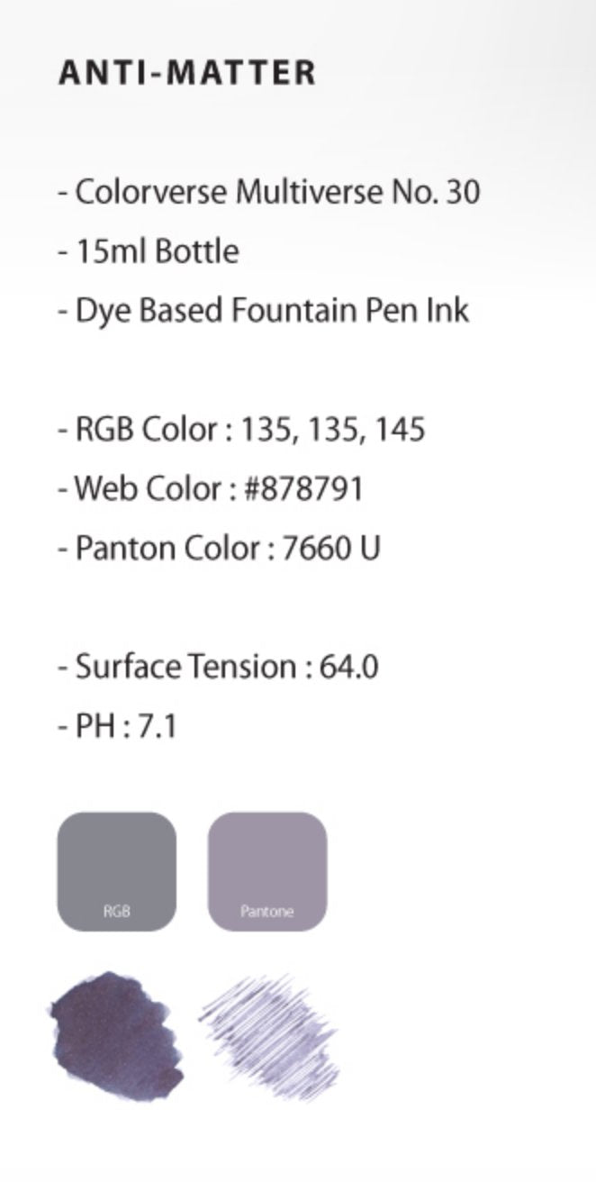 Matter & Anti-Matter Set - 2ml Each Set, featuring smooth, plant-based, dye-based fountain-pen inks with visible swatches and pen-stroke examples from Colorverse's Multiverse series.