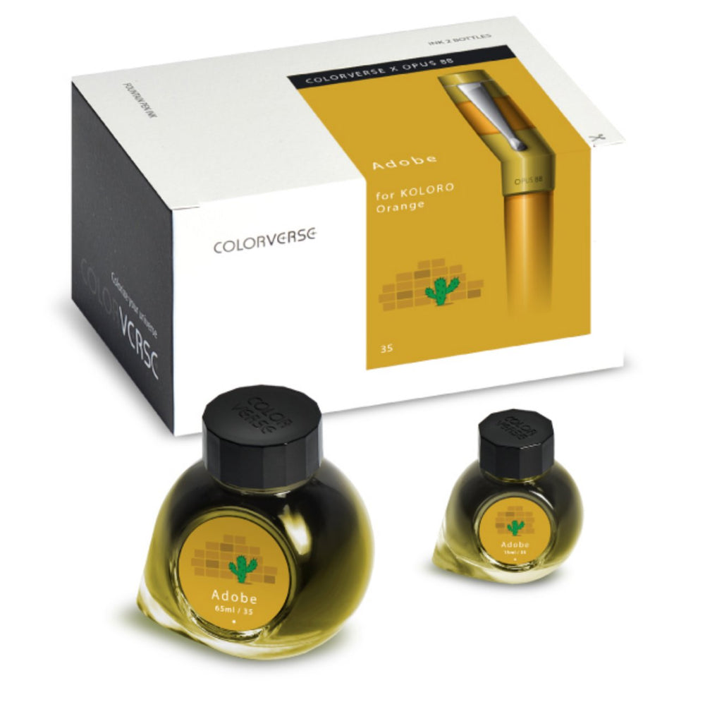 Boxed set with two glass bottles of Adobe ink: a 65ml full-size and a sample-size, both showcasing Colorverse x Opus 88's plant-based fountain-pen ink.