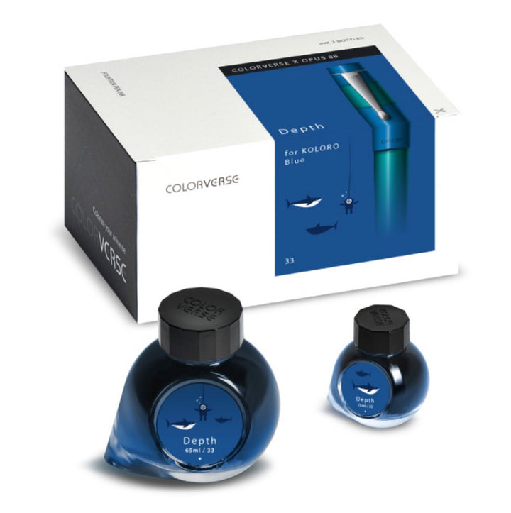 Boxed set of Colorverse Depth ink, featuring a 65 ml and 15 ml bottle, packaged in a Colorverse×Opus 88 box.