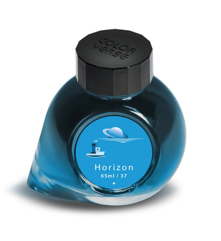 Colorverse Horizon - 2ml sample ink bottle, featuring a boat and planet design, black cap embossed with COLORVERSE, offering a vibrant blue, plant-based dye.