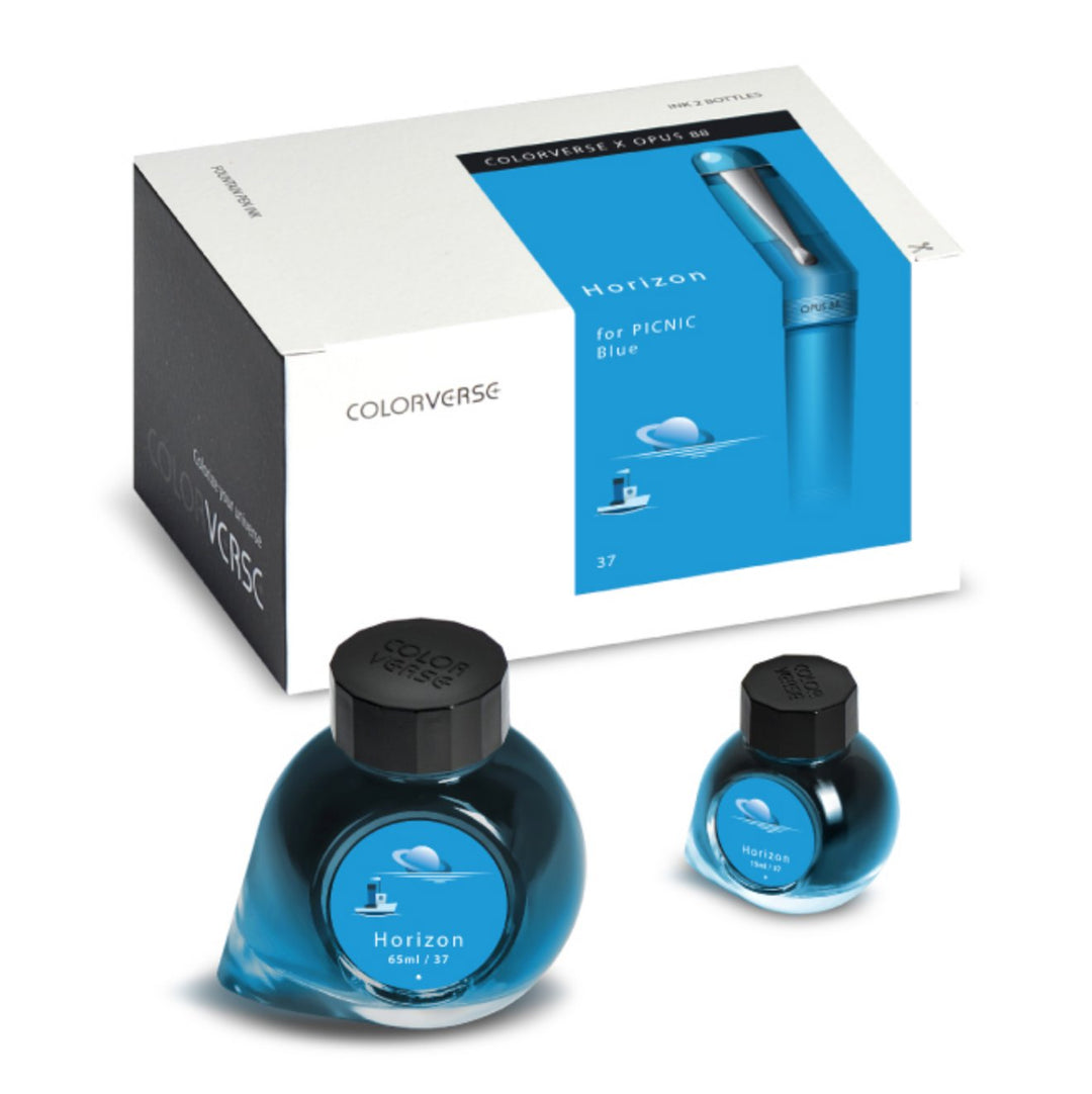 Boxed set of Horizon - 2ml ink by Colorverse x Opus 88, featuring two glass bottles with blue labels and black caps, showcasing plant-based ink.