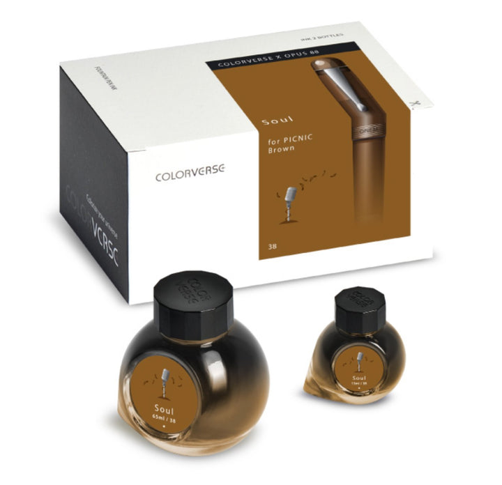 Soul - 2ml: Boxed set with 65ml and 15ml Soul ink bottles, featuring matching mid-brown labels and sleeve from Colorverse x Opus 88 collaboration.