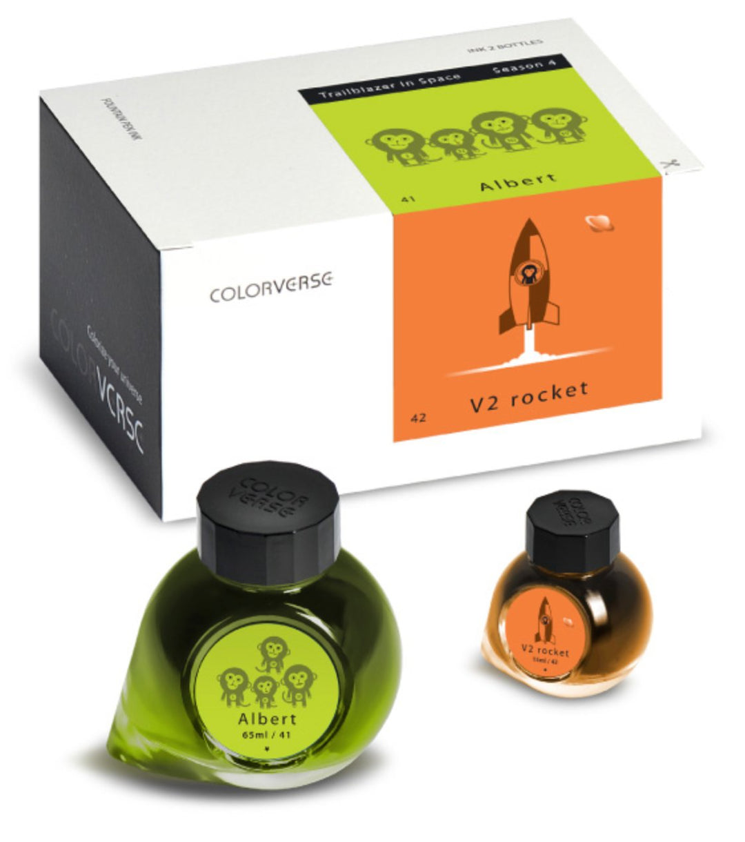 Colorverse “Trailblazer in Space” set includes Albert &amp; V2 Rocket inks, featuring green and orange shades in 65ml and 15ml bottles, respectively.
