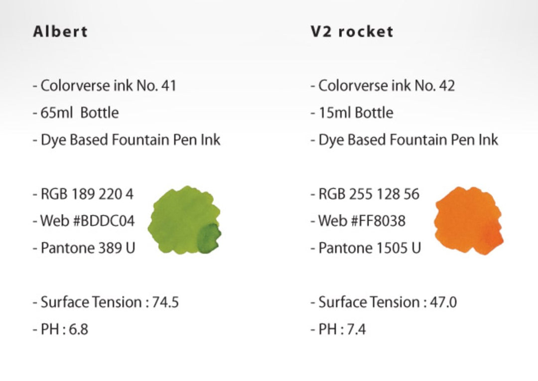 Albert &amp; V2 Rocket - 65ml + 15ml Set, featuring two Colorverse inks with detailed specs: Albert in 65ml yellow-green and V2 Rocket in 15ml orange.
