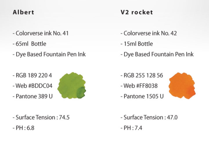 Albert & V2 Rocket - 65ml + 15ml Set, featuring two Colorverse inks with detailed specs: Albert in 65ml yellow-green and V2 Rocket in 15ml orange.