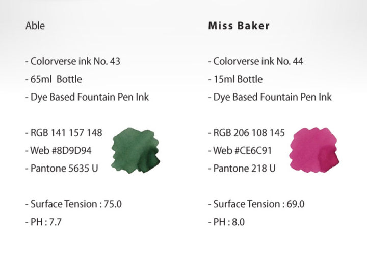 Able & Miss Baker - 65ml + 15ml Set, featuring muted gray-green and bright pink inks, includes a brochure, pen rest, stickers, bookmark, and branded napkin.