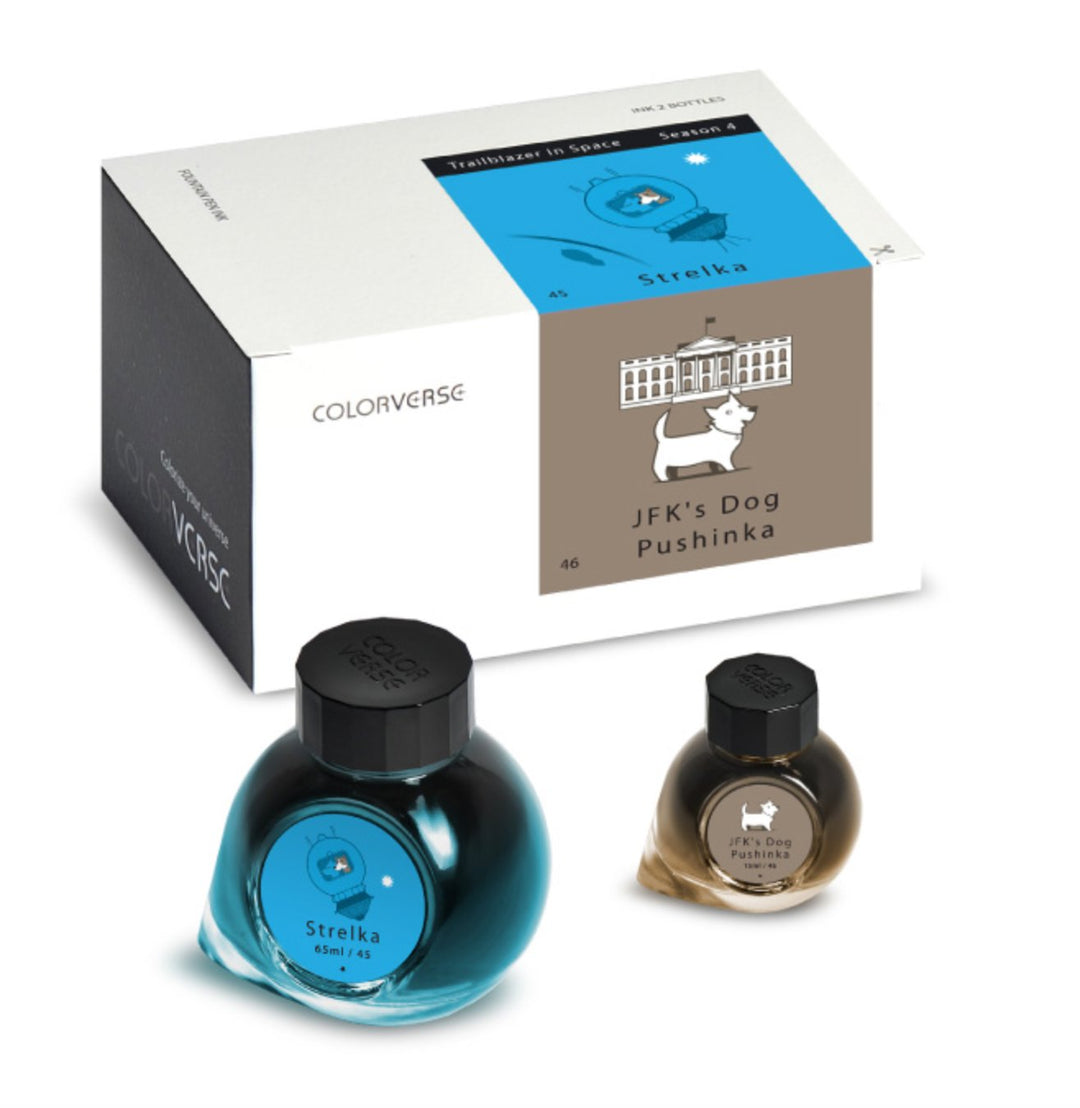 Boxed Colorverse ink set featuring two bottles: large Strelka and small JFK&