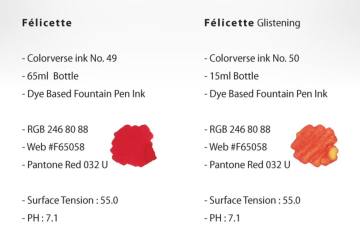 Félicette & Félicette - 65ml + 15ml Set features a bright red dye-based ink and a shimmering variant, showcased in detailed spec sheet comparison.