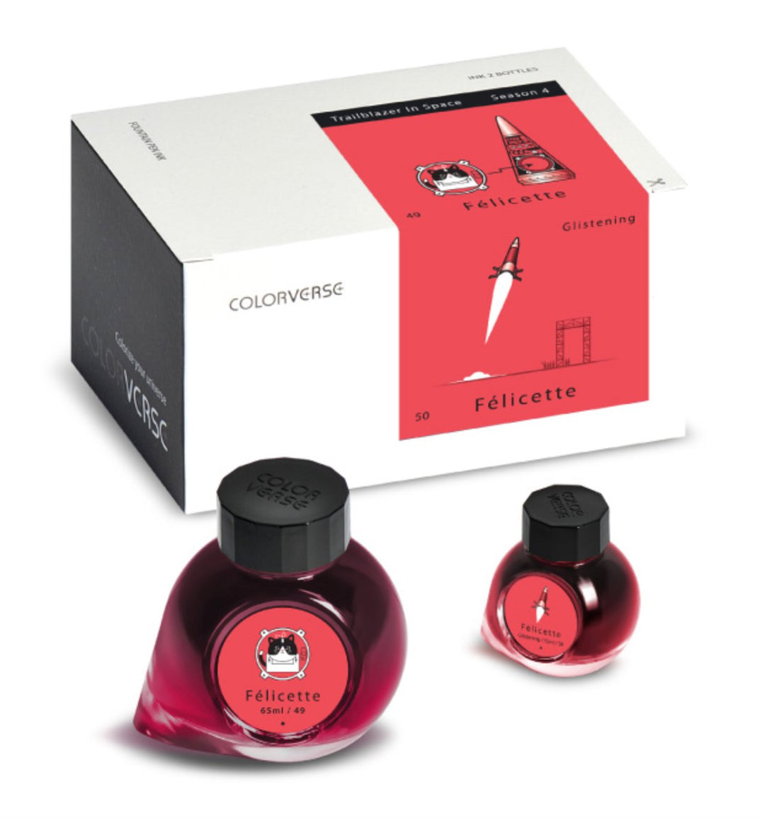 Félicette &amp; Félicette - 65ml + 15ml Set in uniquely shaped bottles, featuring cat-astronaut art and includes brochure, pen rest, stickers, bookmark, and napkin.