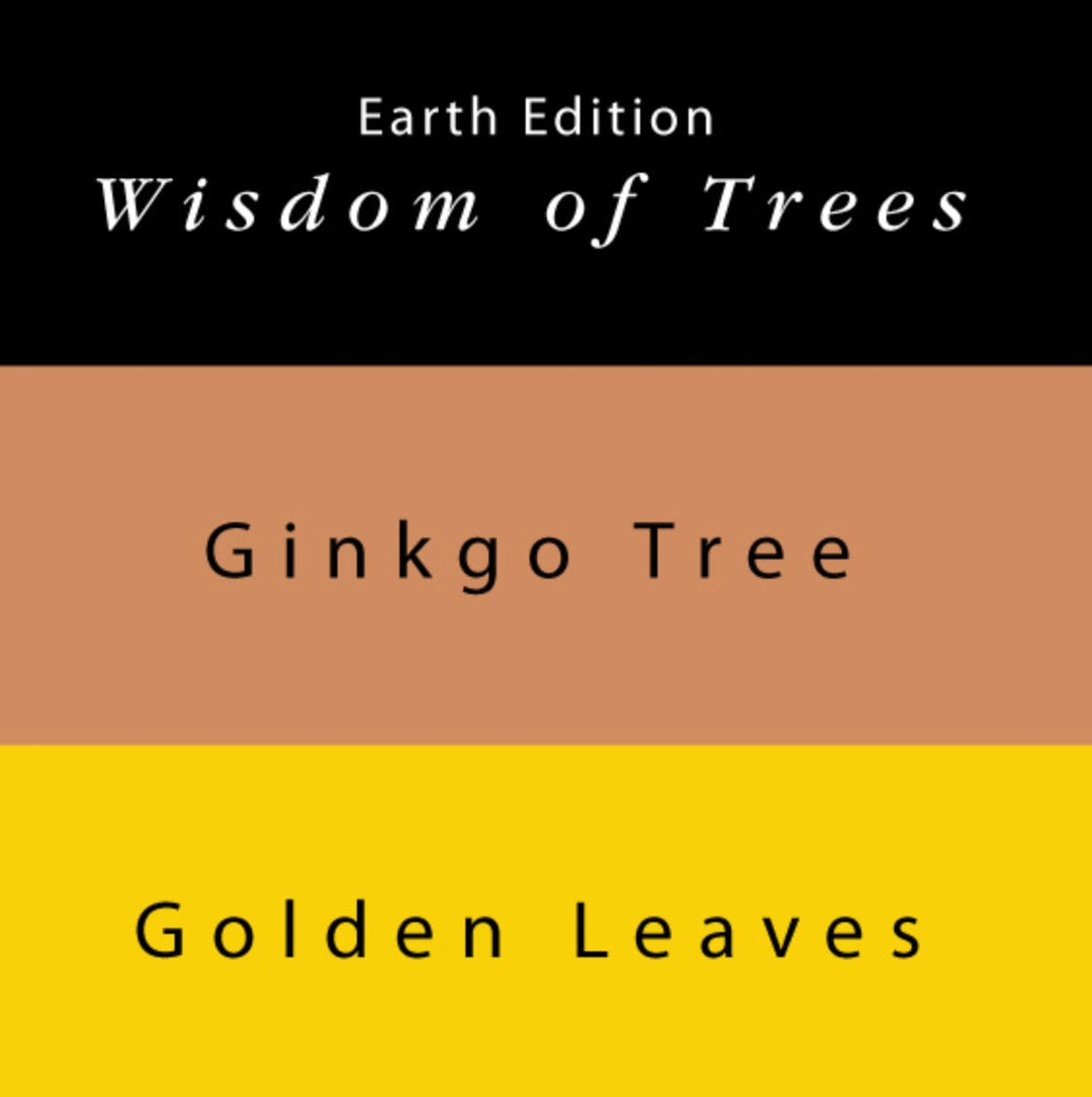 Ginkgo Tree and Golden Leaves ink set label features black, clay-brown, and golden-yellow bands with text highlighting plant-based, dye-based inks from Colorverse.