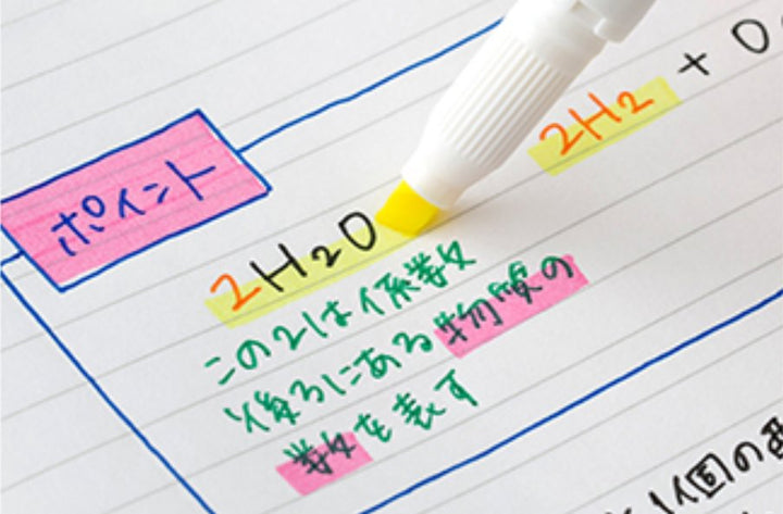 Close-up of a chemistry notebook page with a Justfit Mojini Line Highlighter - Blue, highlighting chemical formulas and notes with precision, showcasing its anti-smudge capability.