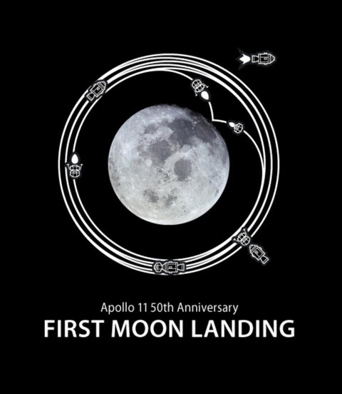 First Moon Landing - 65ml + 4x15ml Set features a Moon graphic with Apollo-11 spacecraft icons, celebrating the 50th anniversary of the lunar landing.