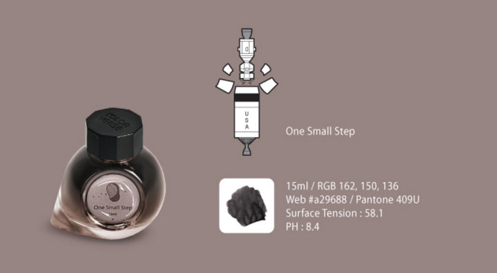First Moon Landing - 65ml + 4x15ml Set featuring the One Small Step ink bottle with footprint logo, rocket drawing, and color swatch on taupe-grey background.