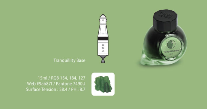 First Moon Landing - 65ml + 4x15ml Set featuring a Tranquility Base ink mock-up, showcasing spacecraft graphic, glass bottle, ink swatch, and technical color data.