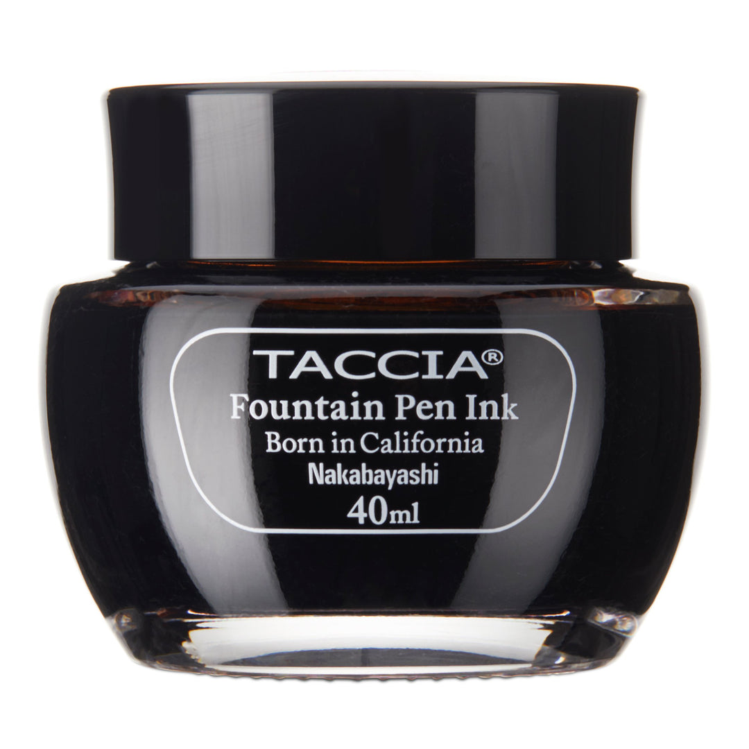 TACCIA Aoguro - 40ml fountain pen ink, in a glass jar with black cap, showcasing Japanese-inspired craftsmanship and neutral pH, ideal for resin pens.