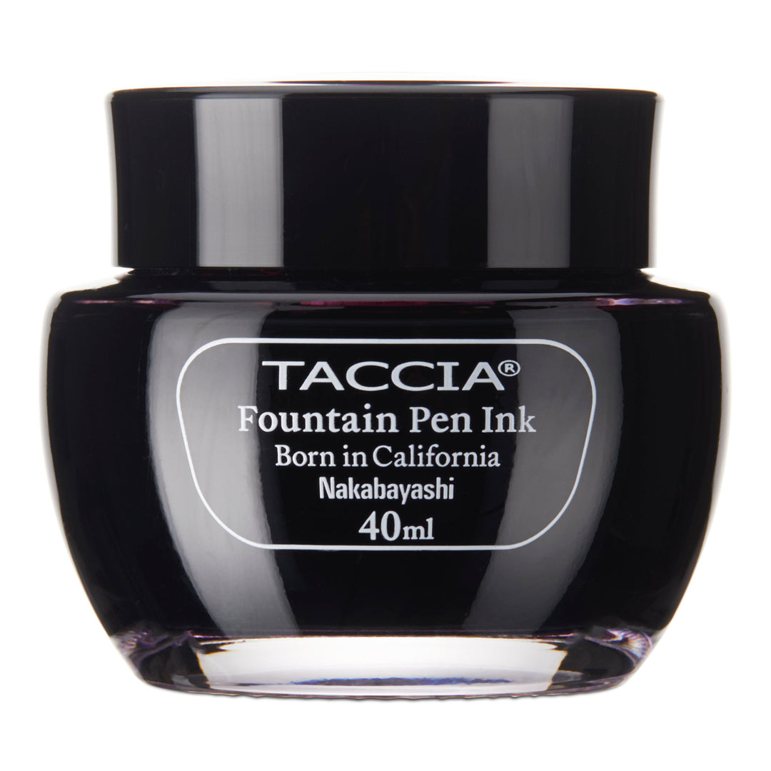 Glass jar of TACCIA fountain-pen ink, 40ml, labeled Ebi - 2ml, showcasing Japanese-inspired color purity and suitable for resin and celluloid pens.