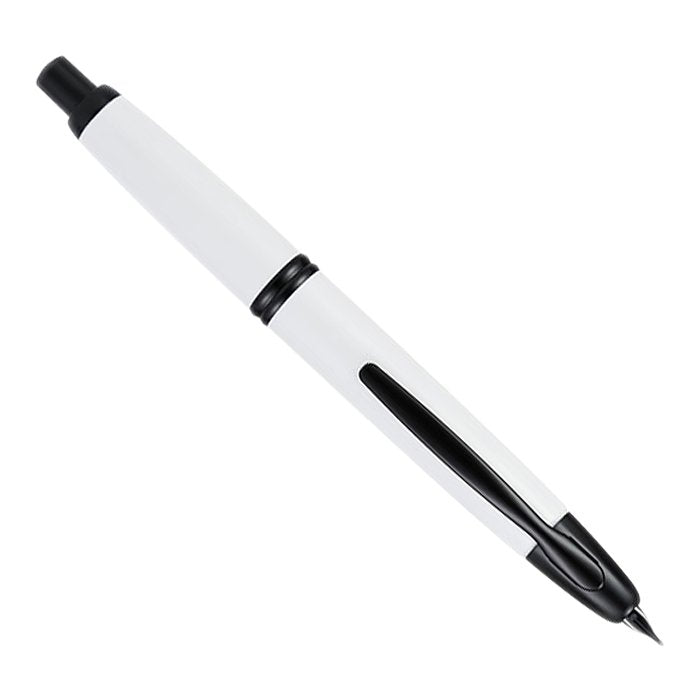 Vanishing Point - White/Black- Fine fountain pen with a white metal body, matte black accents, and an 18K gold black-ionized nib, click-retractable.