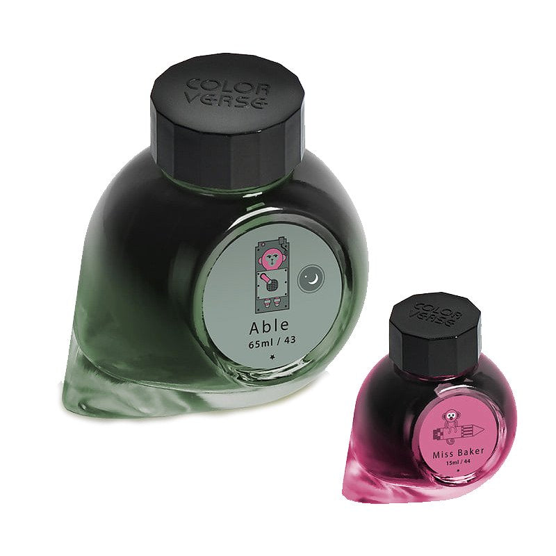 Colorverse Able - 2ml sample features two fountain-pen ink bottles: 65ml Able with octagonal cap, swirled base, and 15ml Miss Baker.