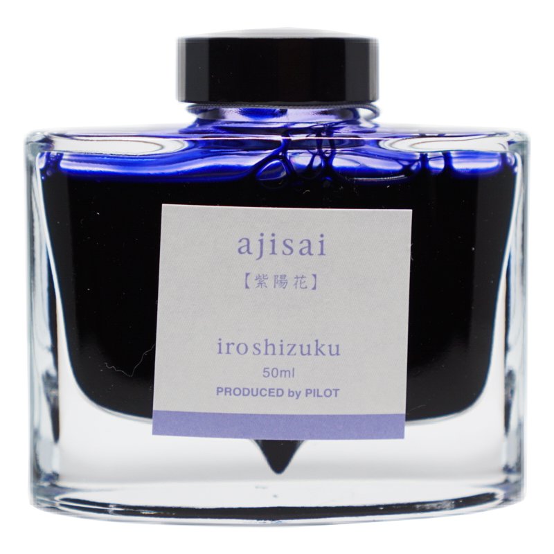 Iroshizuku Ink - Ajisai (50ml) in a glass bottle with black screw-cap, showcasing its vivid bluish-purple hue.