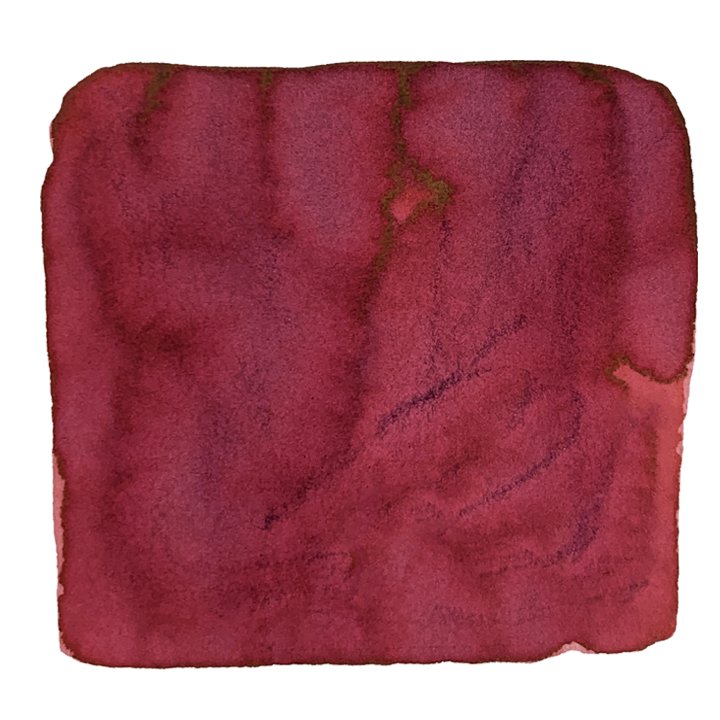 Sharaku-Akasakura - 40ml ink swatch, displaying deep red watercolor with tonal variations and granulation, reflecting Taccia&