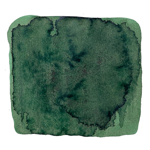 Green watercolor swatch illustrating Noodler's Ink, Akhmatova - 2ml. The abstract pattern showcases varying saturation and texture, highlighting its archival, UV resistant, and waterproof qualities.