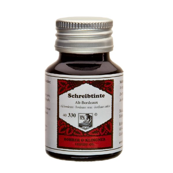 Rohrer & Klingner Alt Bordeaux - 50ml bottle of fountain-pen ink, compact design with a classic label, ideal for writing or painting.