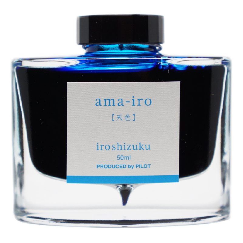 Iroshizuku Ink - Ama Iro (50ml) in a square clear-glass bottle with a black cap and white label, showcasing Pilot's sky-blue fountain-pen ink.