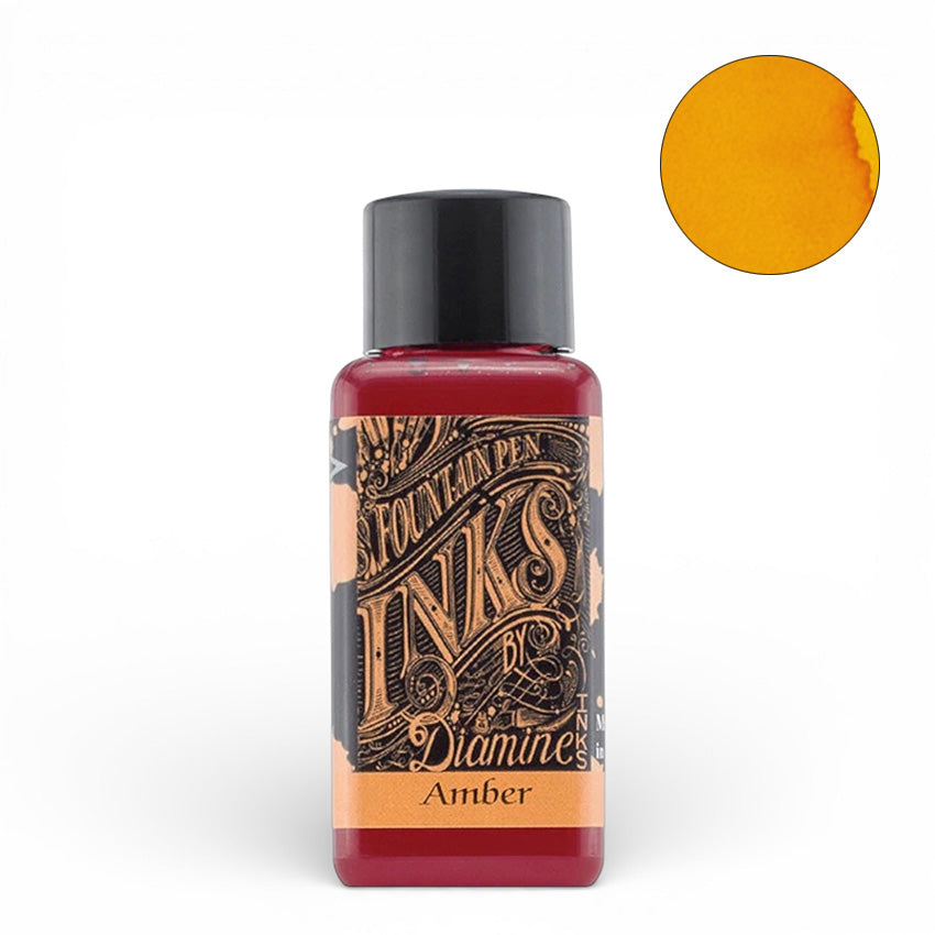 Diamine Amber 30ml fountain pen ink bottle with black cap, featuring a warm golden-orange hue swatch.