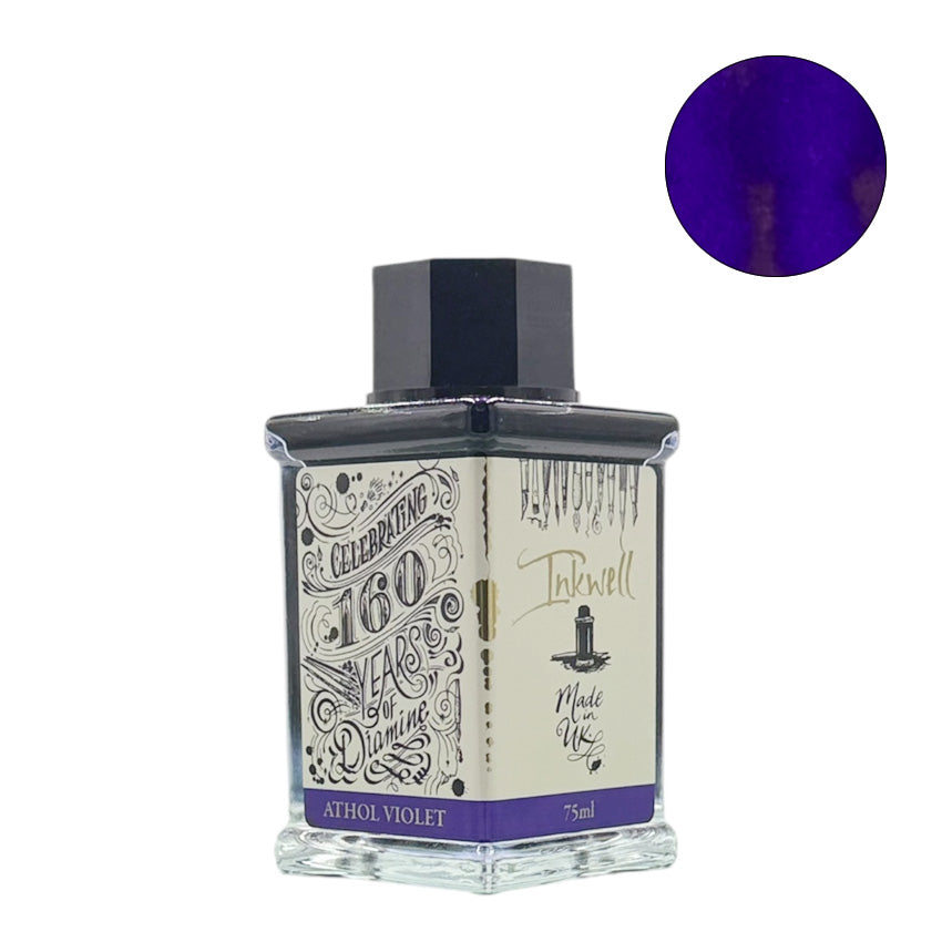 Diamine Anthol Violet (160th Anniversary) 75ml fountain pen ink in a square glass bottle with a deep purple-violet swatch, celebrating Diamine's rich heritage.