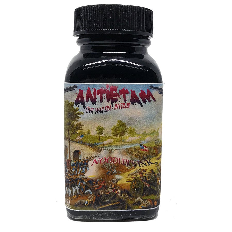 Noodler’s Ink 88ml bottle features an Antietam Civil War battle scene on its label, with a black screw-on cap, ideal for varied writing needs.