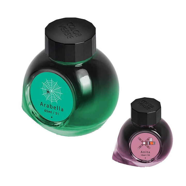 Colorverse Arabella - 2ml sample, featuring two bottles: a green 65ml Arabella with spider-web motif and a 15ml Anita in purple glass.