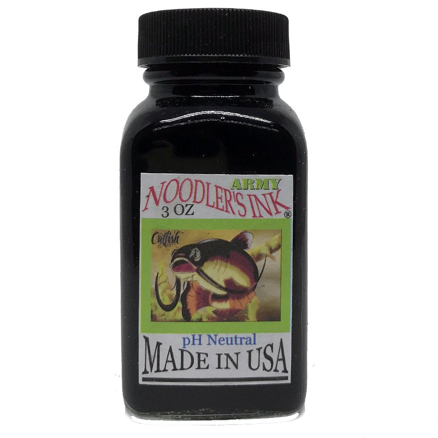 Noodler's Ink bottle, Army Green - 88ml, featuring a catfish label, pH neutral, made in USA, ideal for diverse writing needs.
