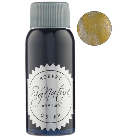 A small bottle of Robert Oster “Signature” fountain-pen ink, Aussie Liquid Gold (Shake 'N' Shimmy), featuring a close-up of its metallic gold shimmer.