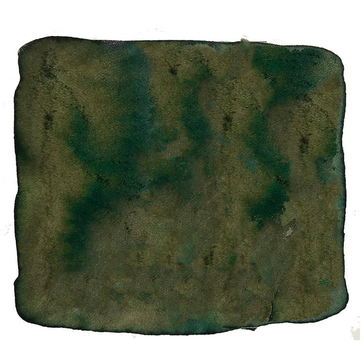 Avocado - 50ml: Dark olive-green, teal-tinged watercolor swatch, showcasing granulation on textured paper, representing Robert Oster's dye-based fountain pen ink.