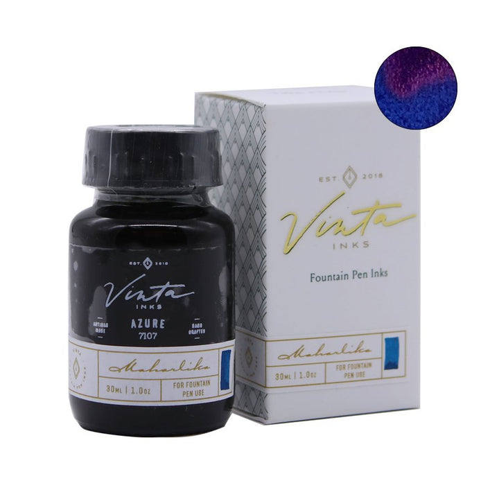 30 mL glass bottle of Vīāta Inks Azure (Maharlika 7107) with a branded box, showcasing fountain-pen ink from the Philippines.