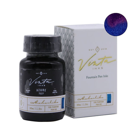 30 mL glass bottle of Vīāta Inks Azure (Maharlika 7107) with a branded box, showcasing fountain-pen ink from the Philippines.