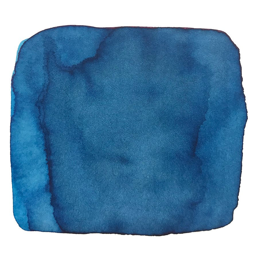 Blue watercolor swatch representing Robert Oster's Bass Straight ink sample, 2ml, on white background, showcasing its abstract wash style and dye-based composition.