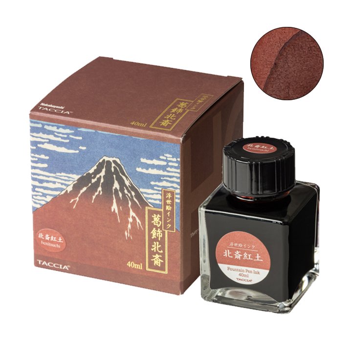 Hokusai-Benitsuchi - 40ml fountain pen ink bottle with matching box featuring Mt. Fuji, part of TACCIA's Ukiyo-e series inspired by Japanese art.