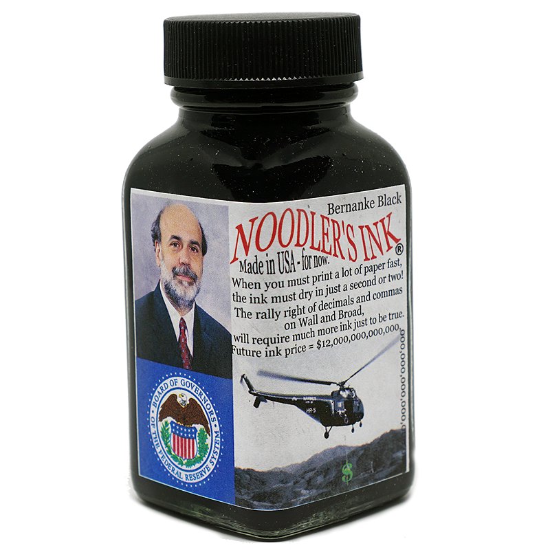 Brevity Black - 88ml fountain-pen ink by Noodler's Ink; features a humorous label with a bearded man, Federal Reserve seal, and helicopter illustration.