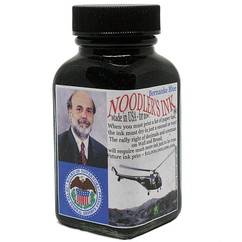 Brevity Blue - 88ml fountain-pen ink in a square glass bottle, featuring a label with Ben Bernanke’s portrait and a playful money-themed poem.