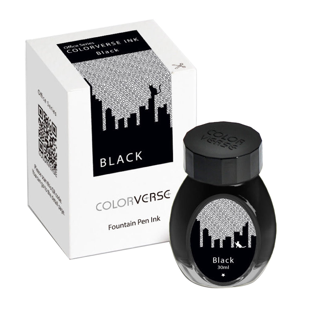 Colorverse Black - 2ml fountain-pen ink from the Office Series, featuring a cityscape-themed box and bottle design, highlighting the word “BLACK.”