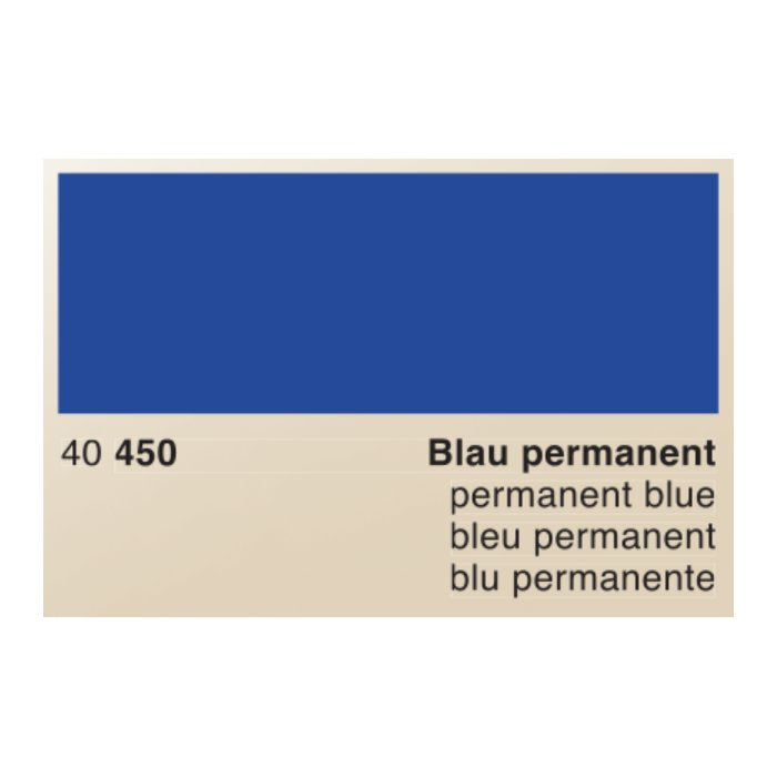 Blau Permanent - 50ml, Rohrer & Klingner's deep blue pigment swatch with code 40 450, labeled in four languages, ideal for fountain pens and painting.