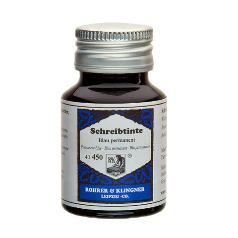 Blau Permanent - 50ml bottle of Rohrer & Klingner writing ink, labeled in German, for fountain or dip pens, hand-produced in Leipzig.