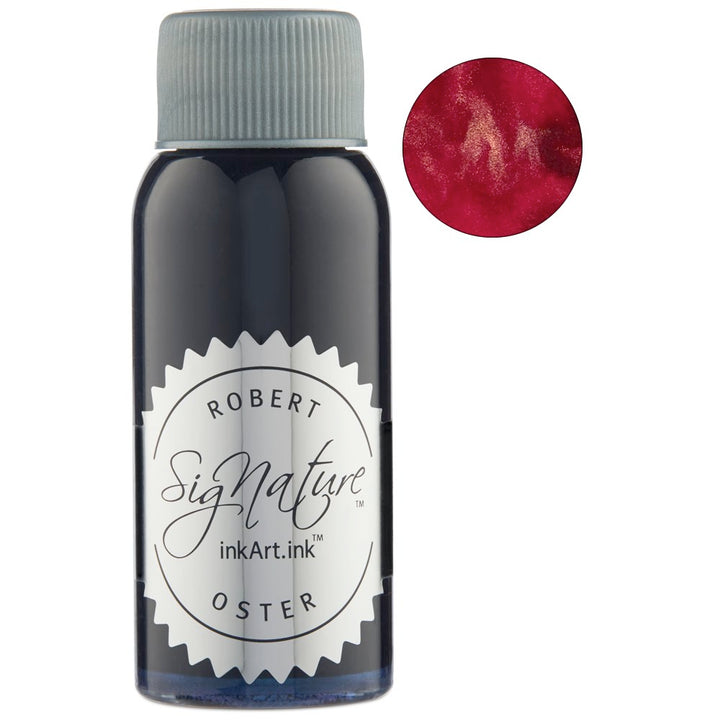 Robert Oster Blood Rose (Shake 'N' Shimmy) - 2ml fountain pen ink sample in a clear bottle with gray cap, showcasing a rich red ink with gold shimmer.