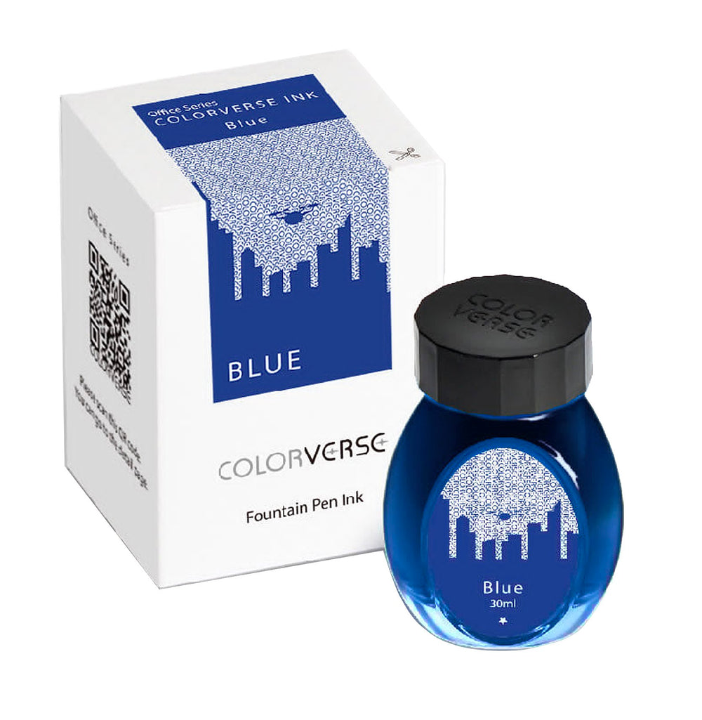Colorverse Blue - 2ml sample: boxed fountain-pen ink with stylized cityscape label. Includes 30 ml glass bottle, emphasizing quality plant-based dye.