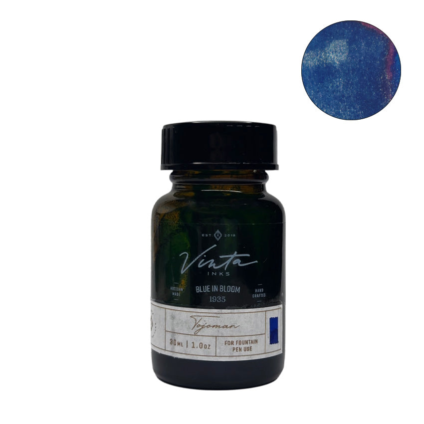Vinta Inks' Blue in Bloom (Tojoman 1935) - 30ml fountain pen ink bottle with blue shade and red sheen swatch, from Desk Bandit's curated selection.