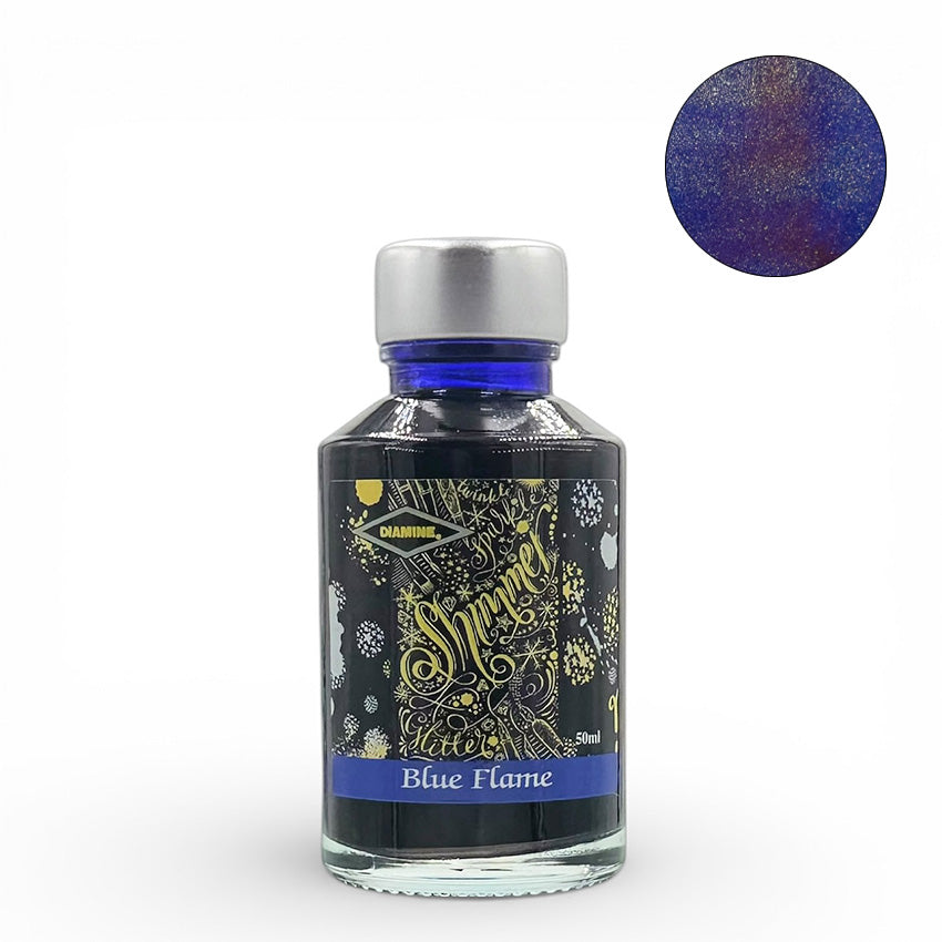 Diamine Blue Flame (Shimmer) - 50ml fountain pen ink, deep blue with metallic shimmer, acid-free, vegan-friendly, ideal for vintage pens, from Desk Bandit’s premium collection.