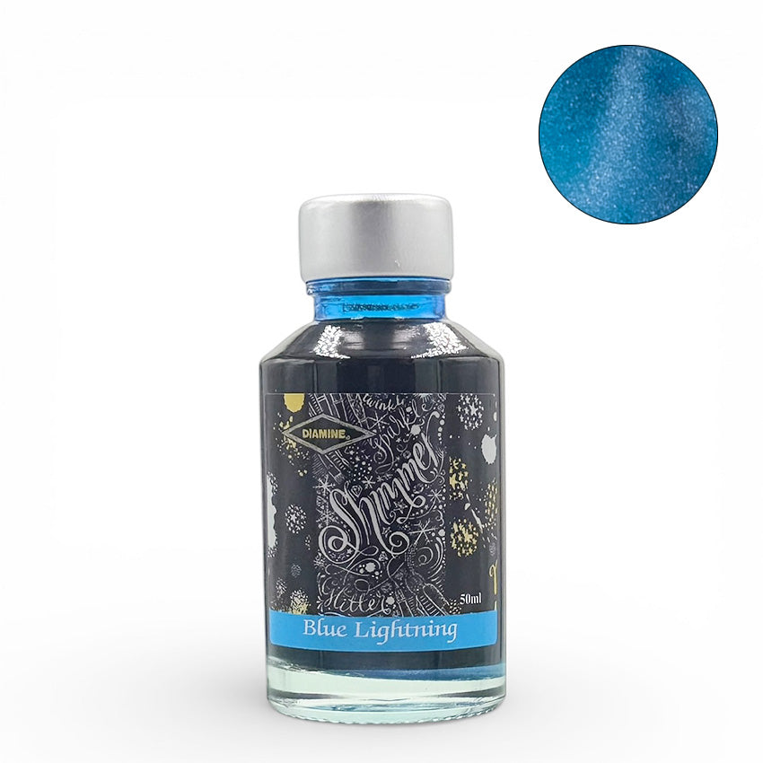Diamine Blue Lightning (Shimmer) fountain pen ink, 50ml glass bottle with silver cap, decorative label, showcasing vibrant metallic blue shimmer. Ideal for vintage pens.